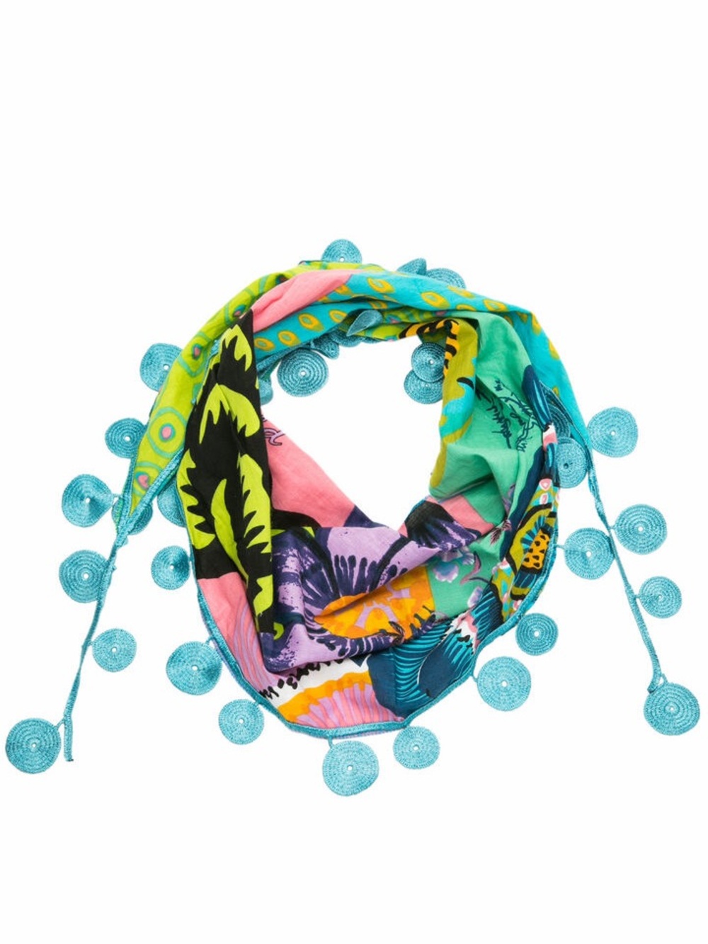 Desigual Y2K Colorful Boho Scarf Multicolor Floral Print Turquoise Pom Fringe